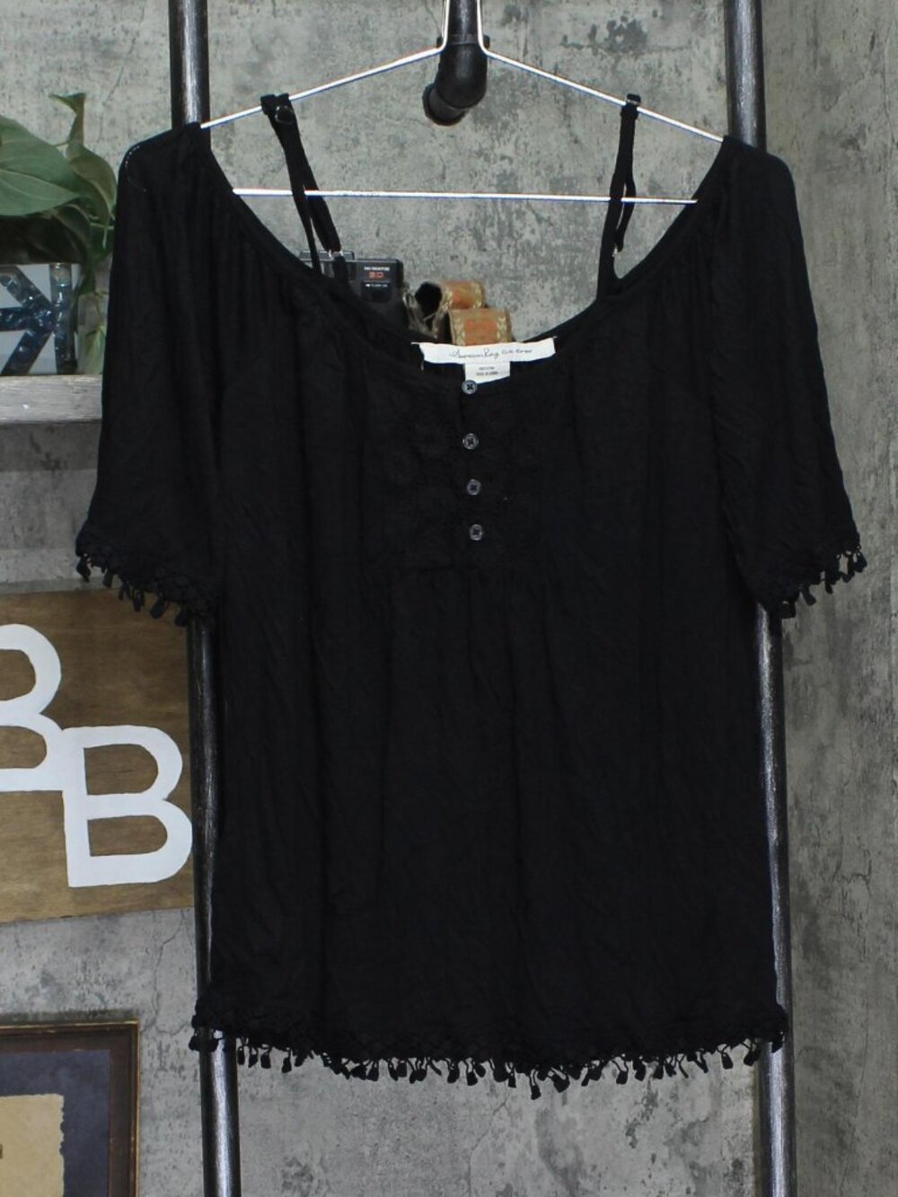 American Rag Cie Black American Rag Juniors Crochet Trim Cold Blouse Sz S